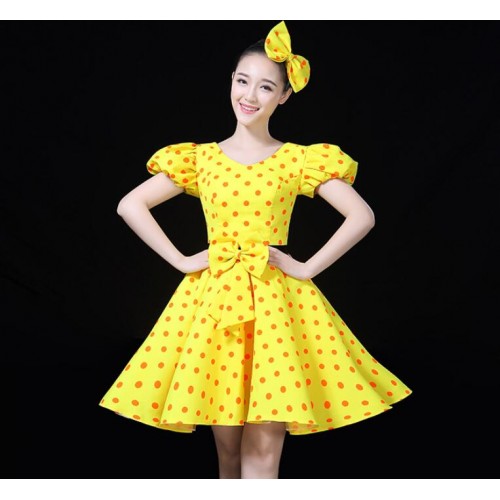 Women's girls graduation photos dresses red blue yellow polka dot singers jazz dance dress chorus singers stage performance mini dresses